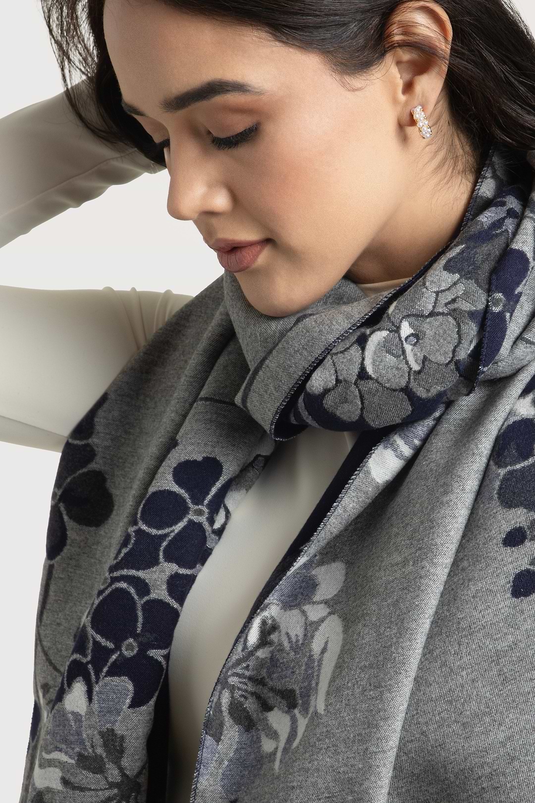 Two Color Floral Reversible Scarf - Navy