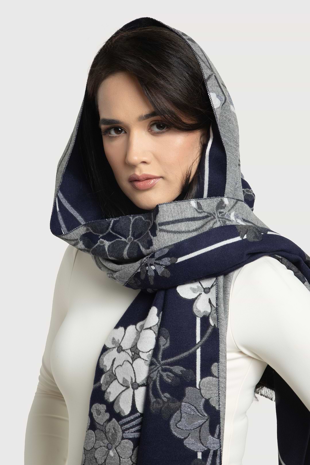 Two Color Floral Reversible Scarf - Navy