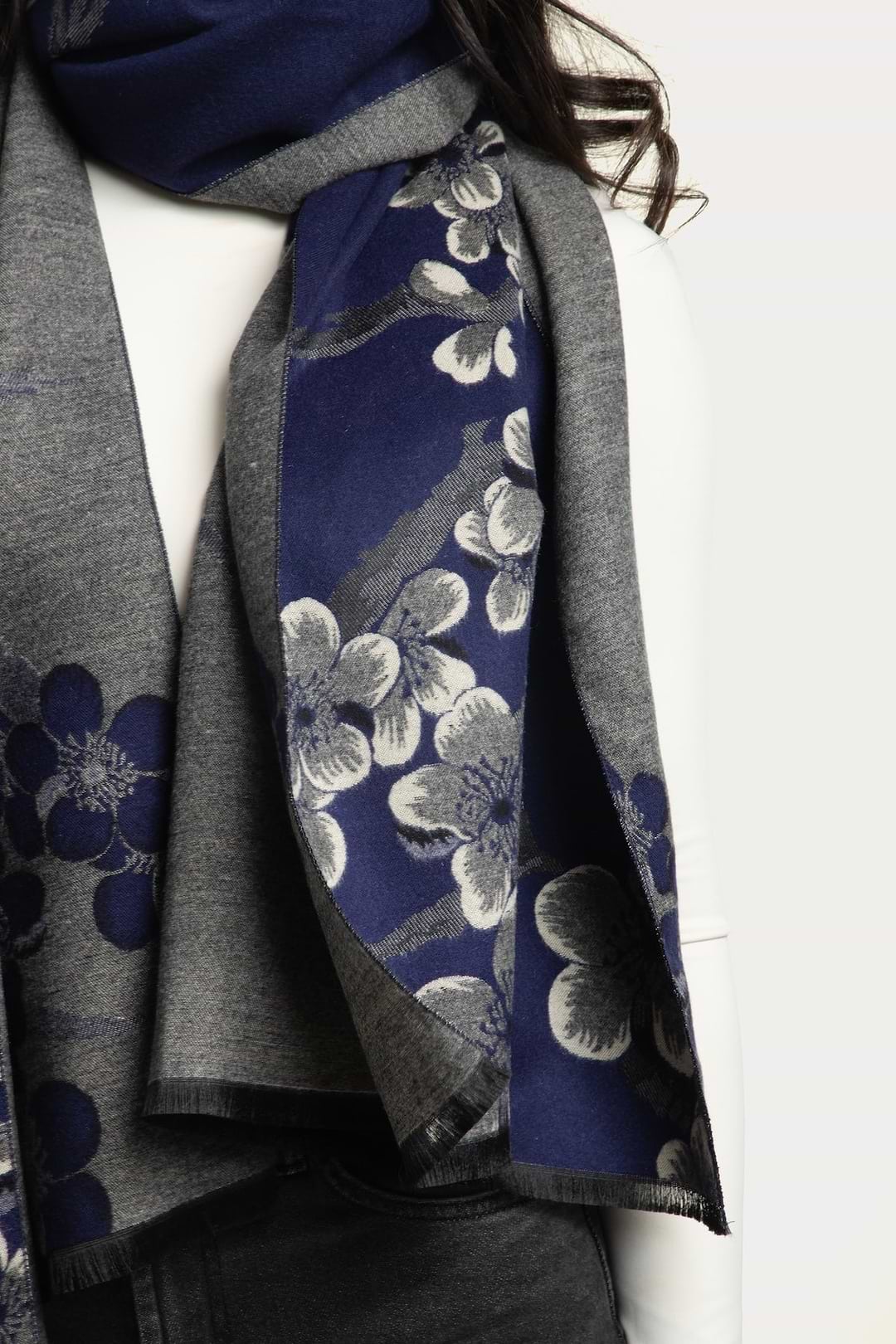Two Color Floral Reversible Scarf - Navy