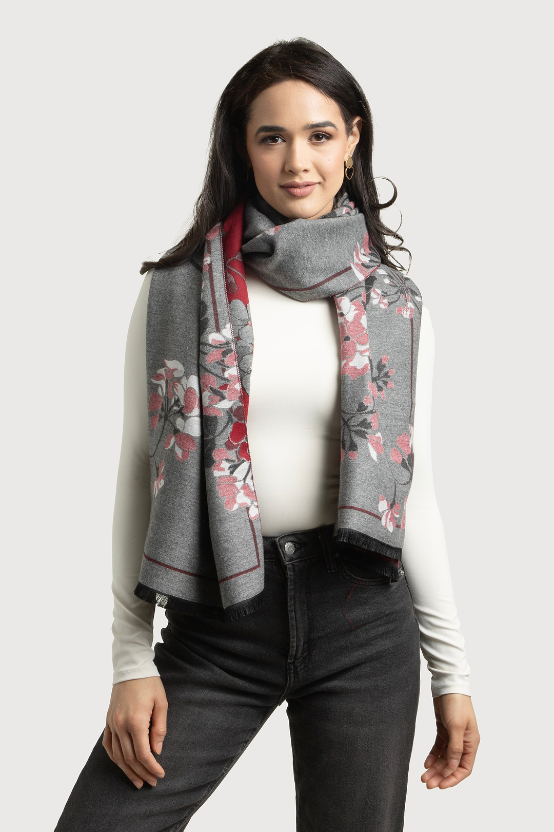 Reversible Floral Scarf For Winter - Grey