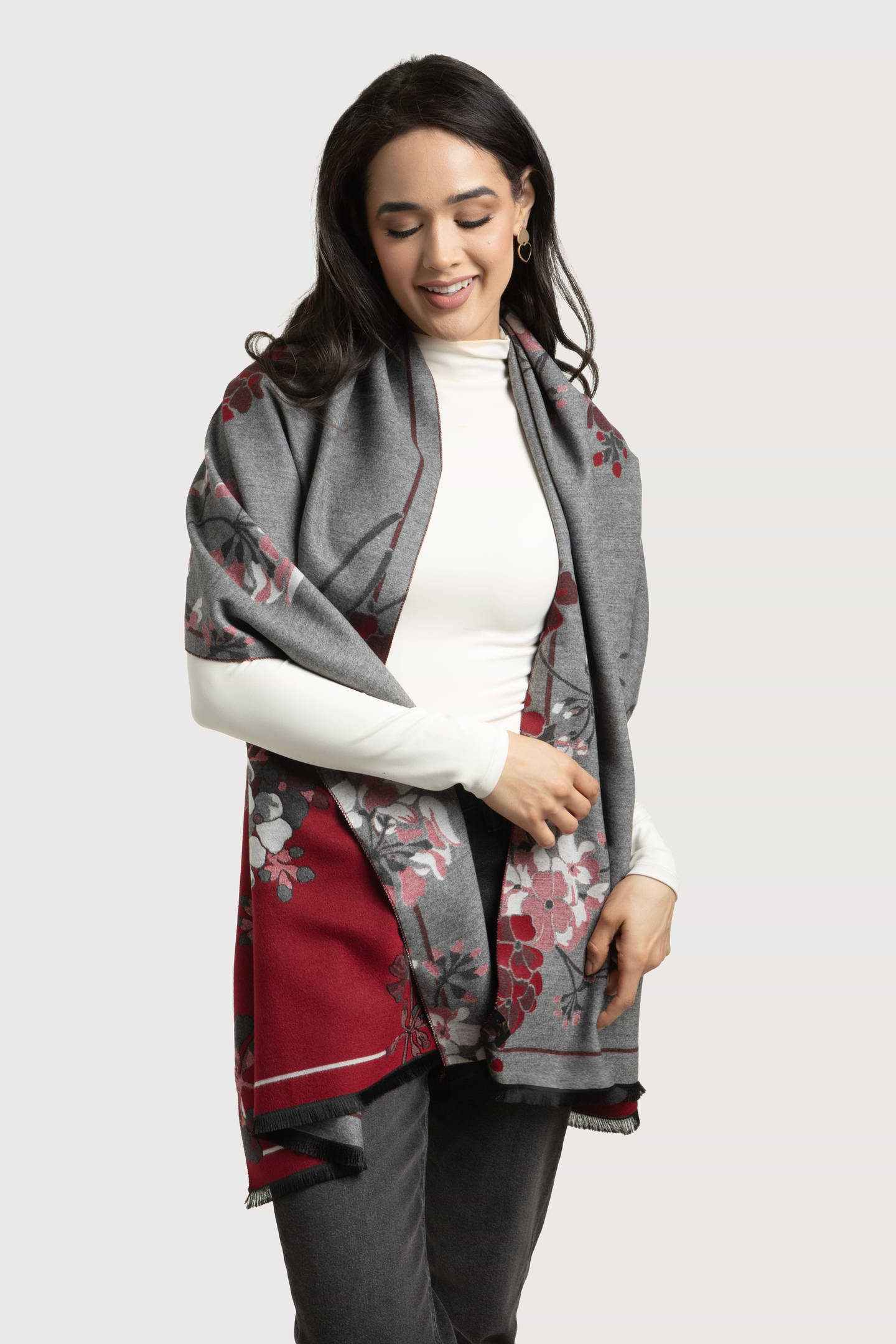 Reversible Floral Scarf For Winter - Grey