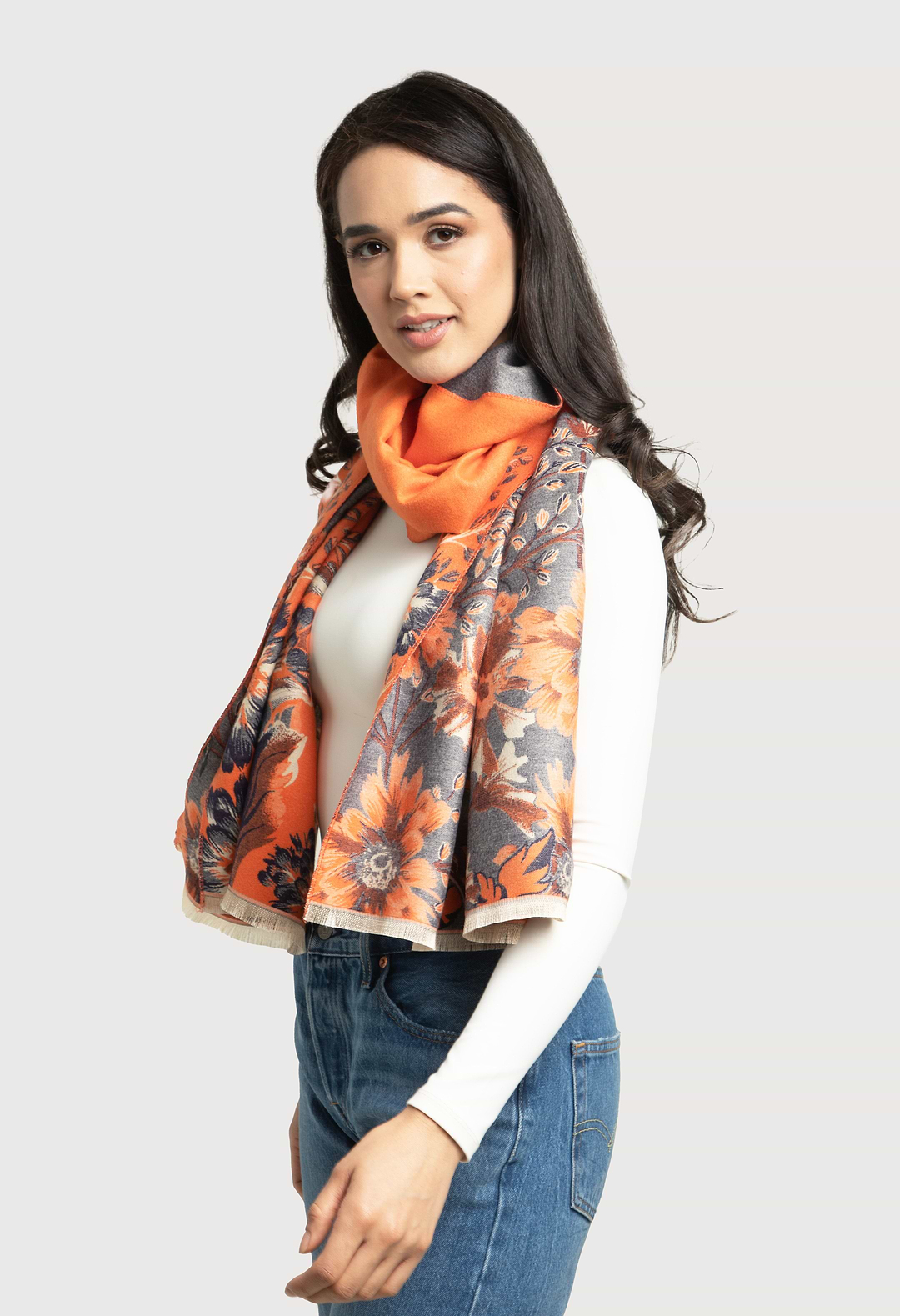 Reversible Floral Oversized Scarf - Gray