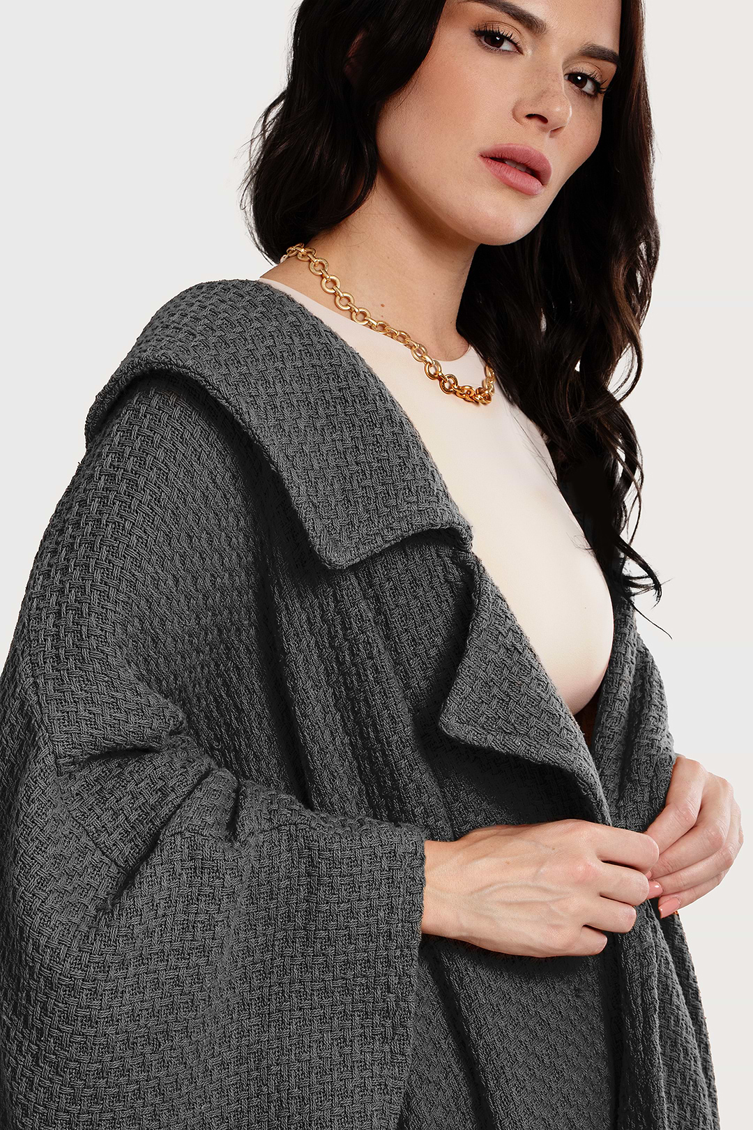 Comfy Oversized Waffle Knit Collared Jacket - Dark Gray