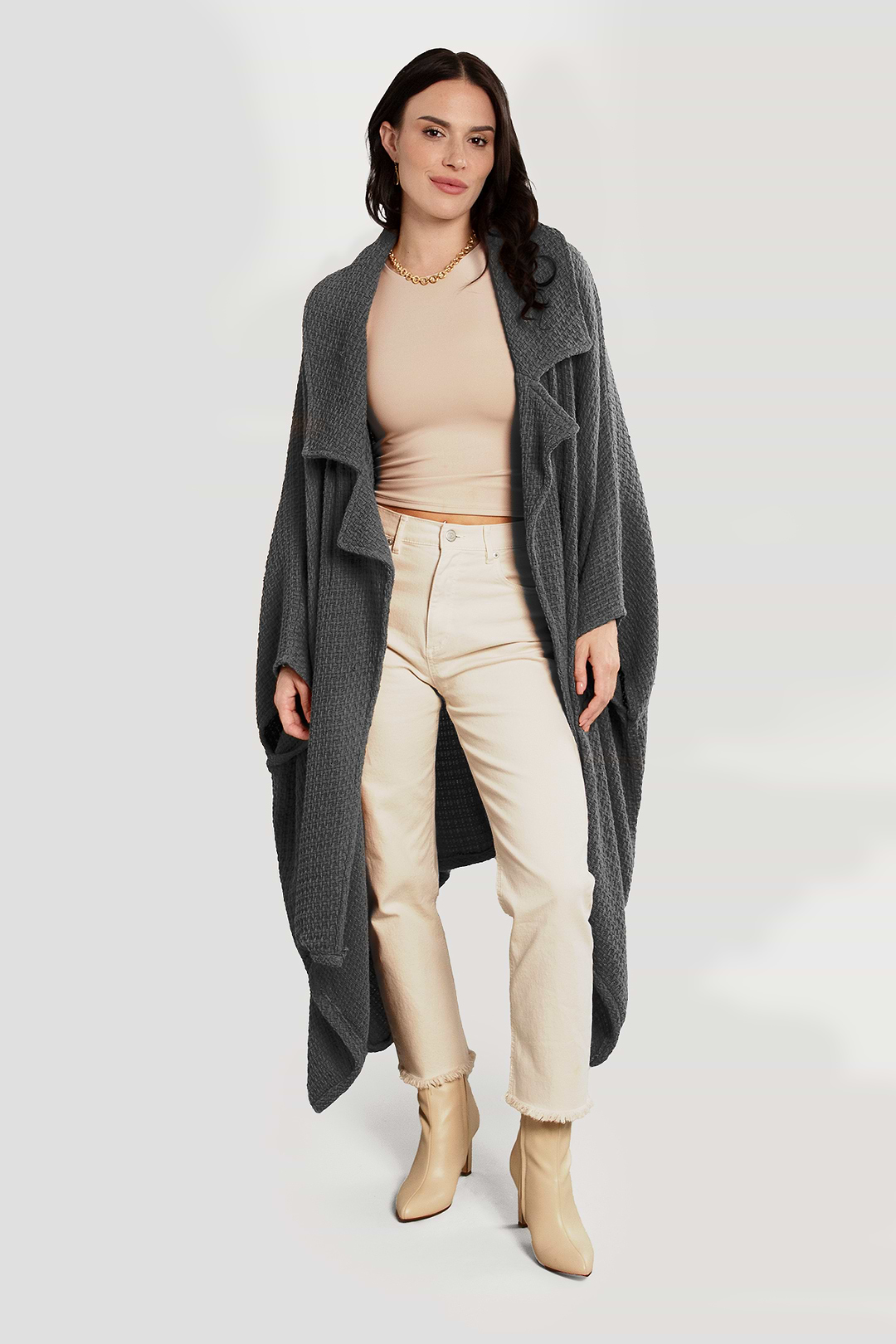 Comfy Oversized Waffle Knit Collared Jacket - Dark Gray