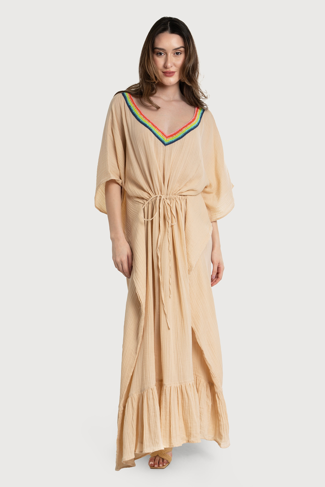 Crochet Rainbow Kaftan Maxi - Beige