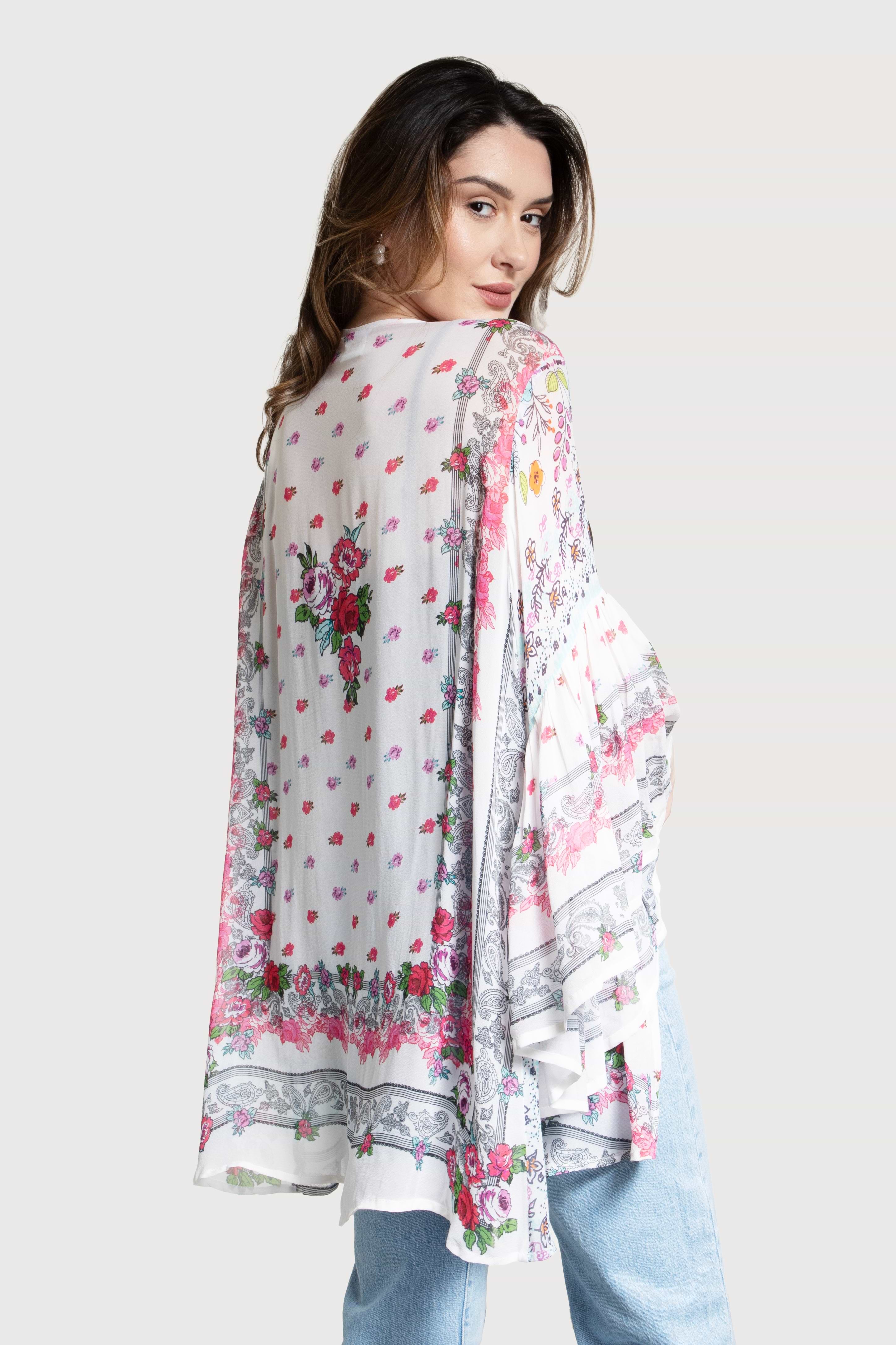 Mystical Garden Ruffle Sleeve Kimono in Pink | SAACHI