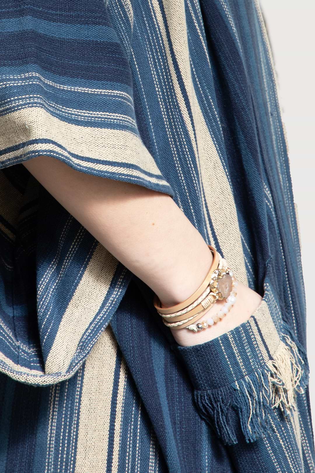 Striped Cotton Fringe Kimono - Steel Blue