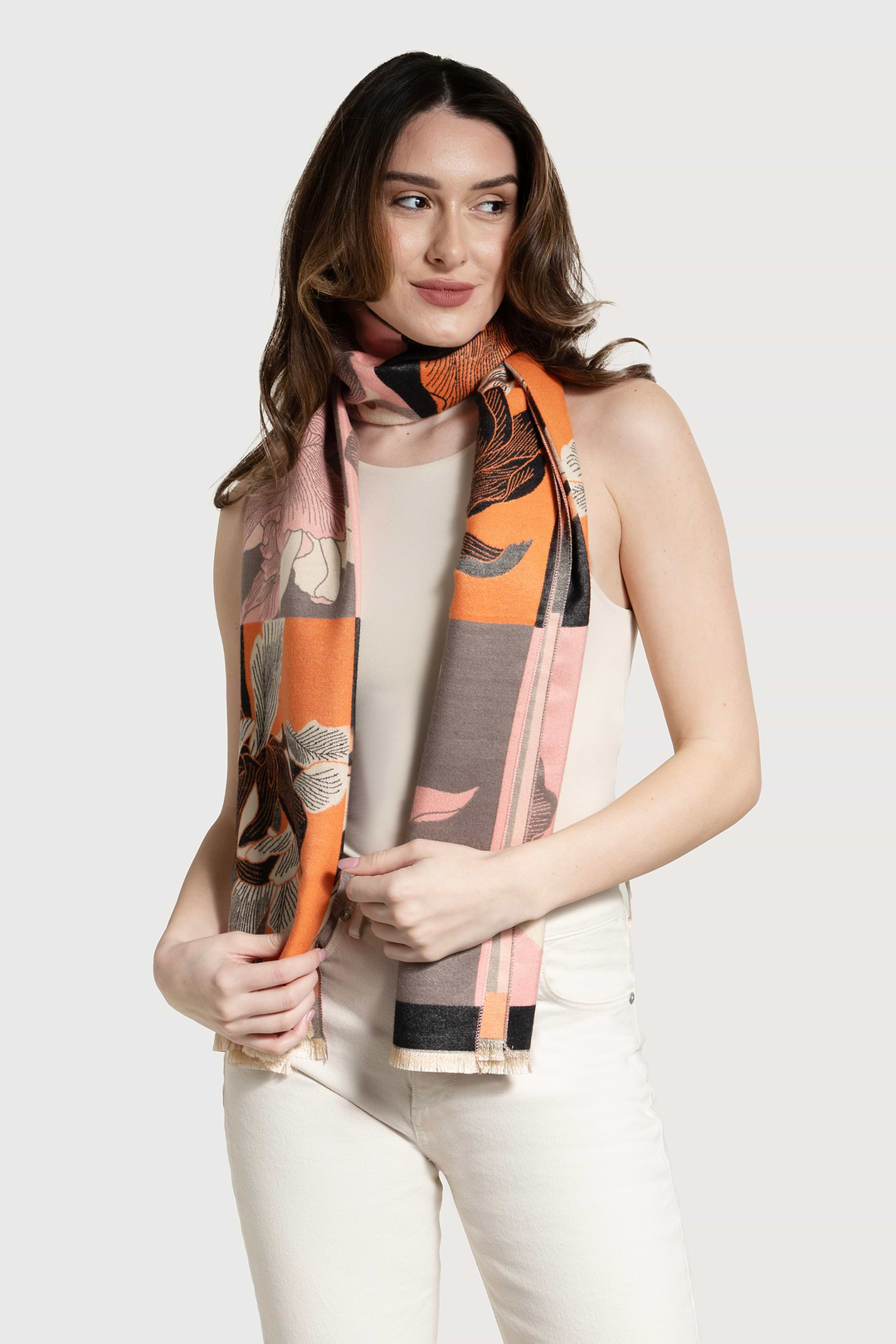 Flower Block Reversible Scarf - Sandy Brown