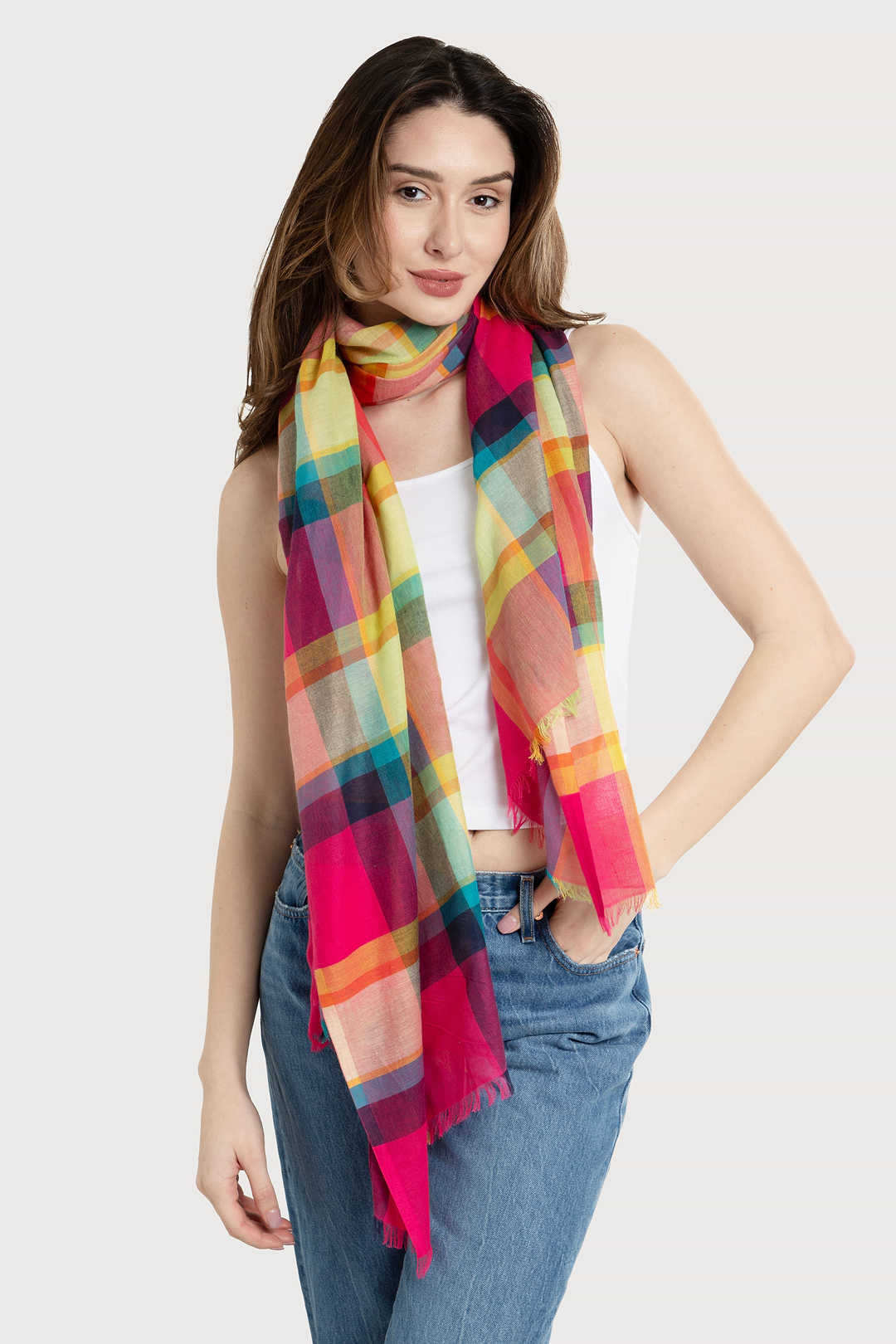 Rainbow Plaid Cotton Scarf - Fuchsia