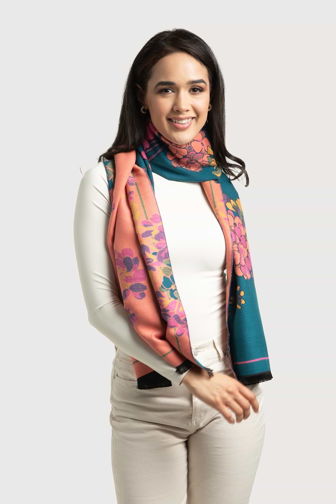 Two Tone Floral Reversible Scarf - Teal