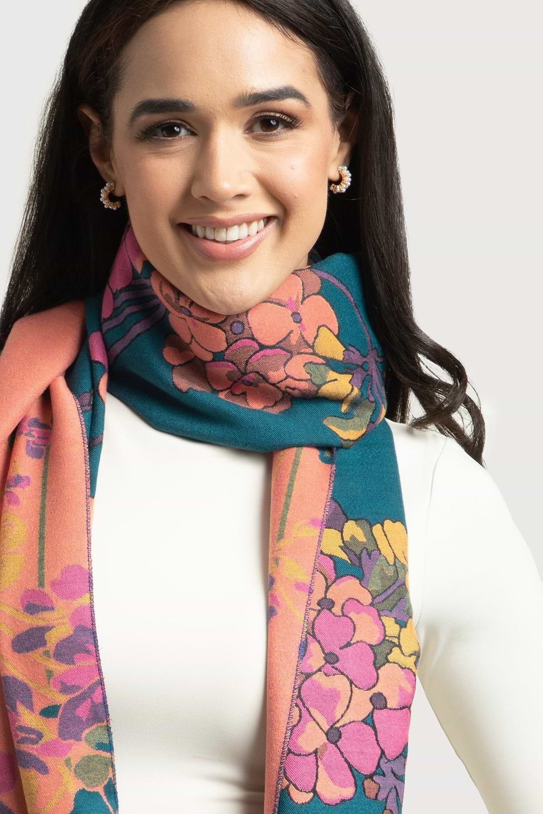 Two Tone Floral Reversible Scarf - Teal