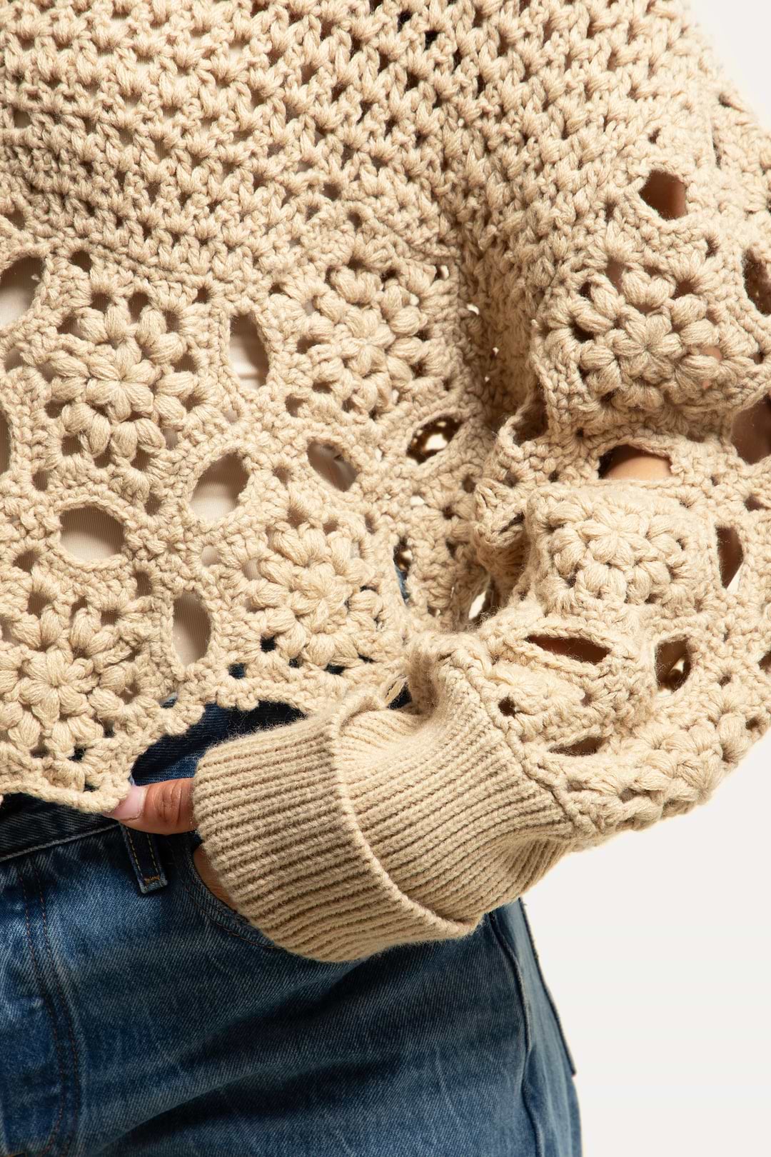 Floral Crochet Pullover Sweater - Beige