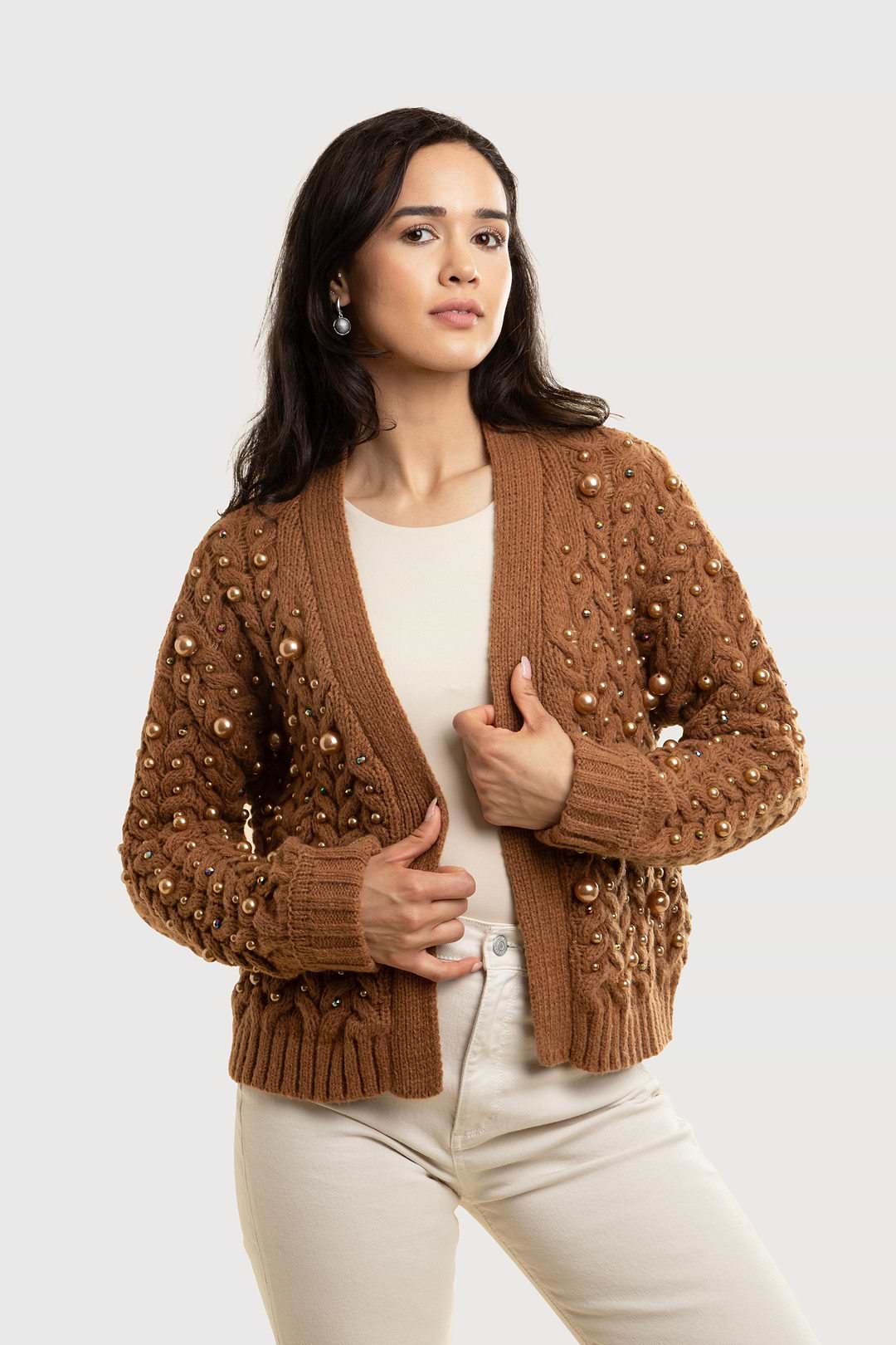 Holiday Cardigan Pearl Knit - Brown