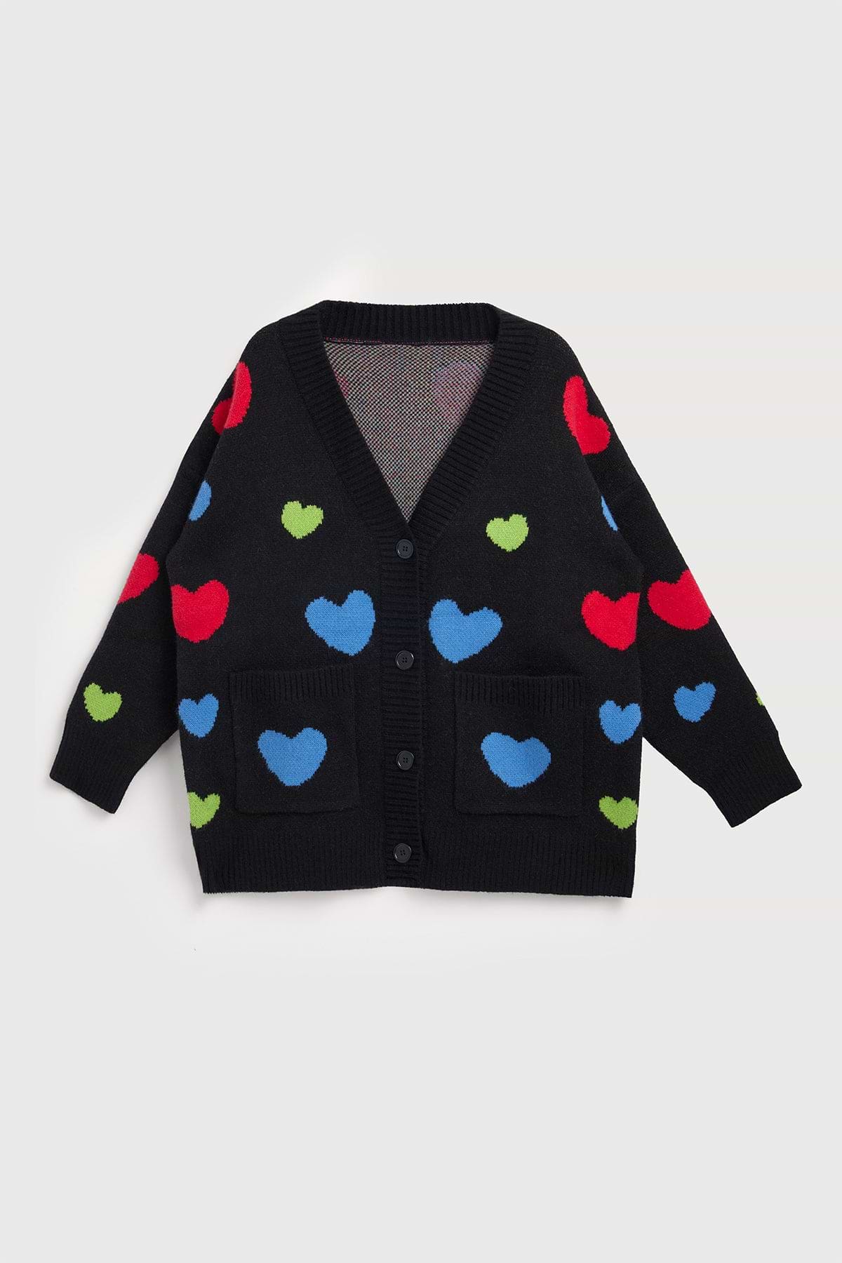Multicolored Heart Buttoned Cardigan - Black