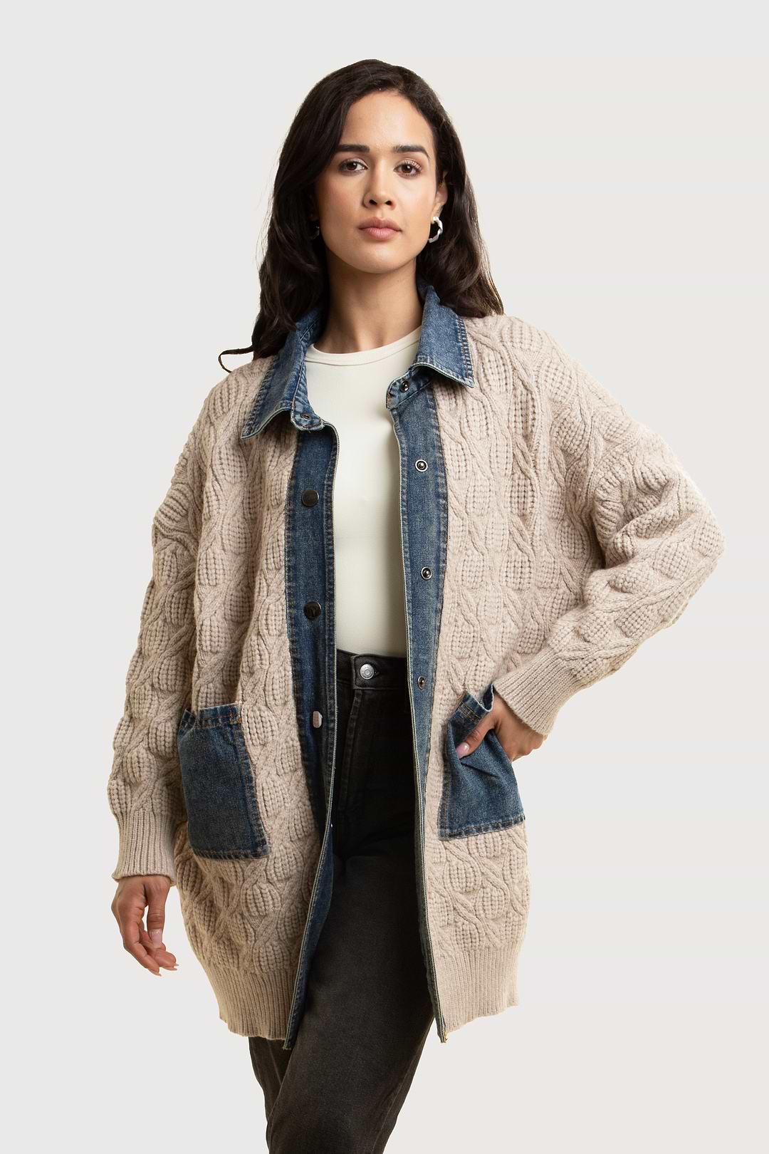 Denim Collar Sweater Jacket - Beige
