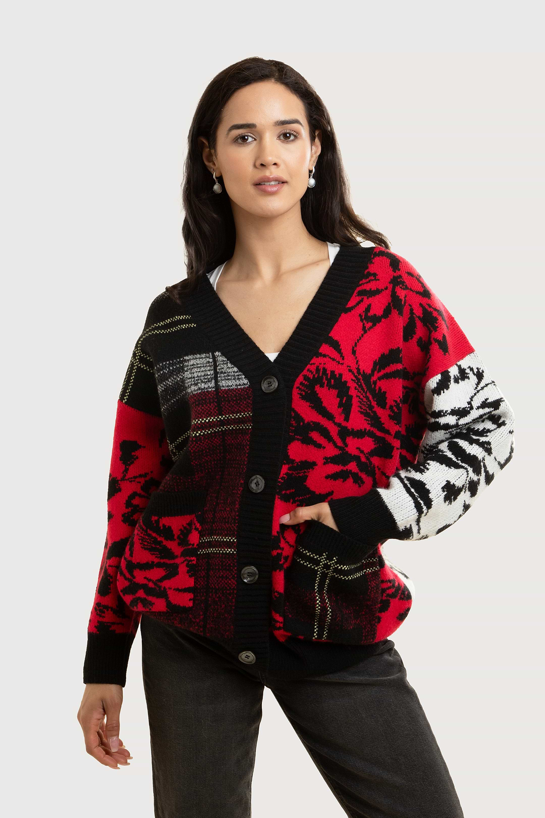 Floral Plaid Cardigan - Red