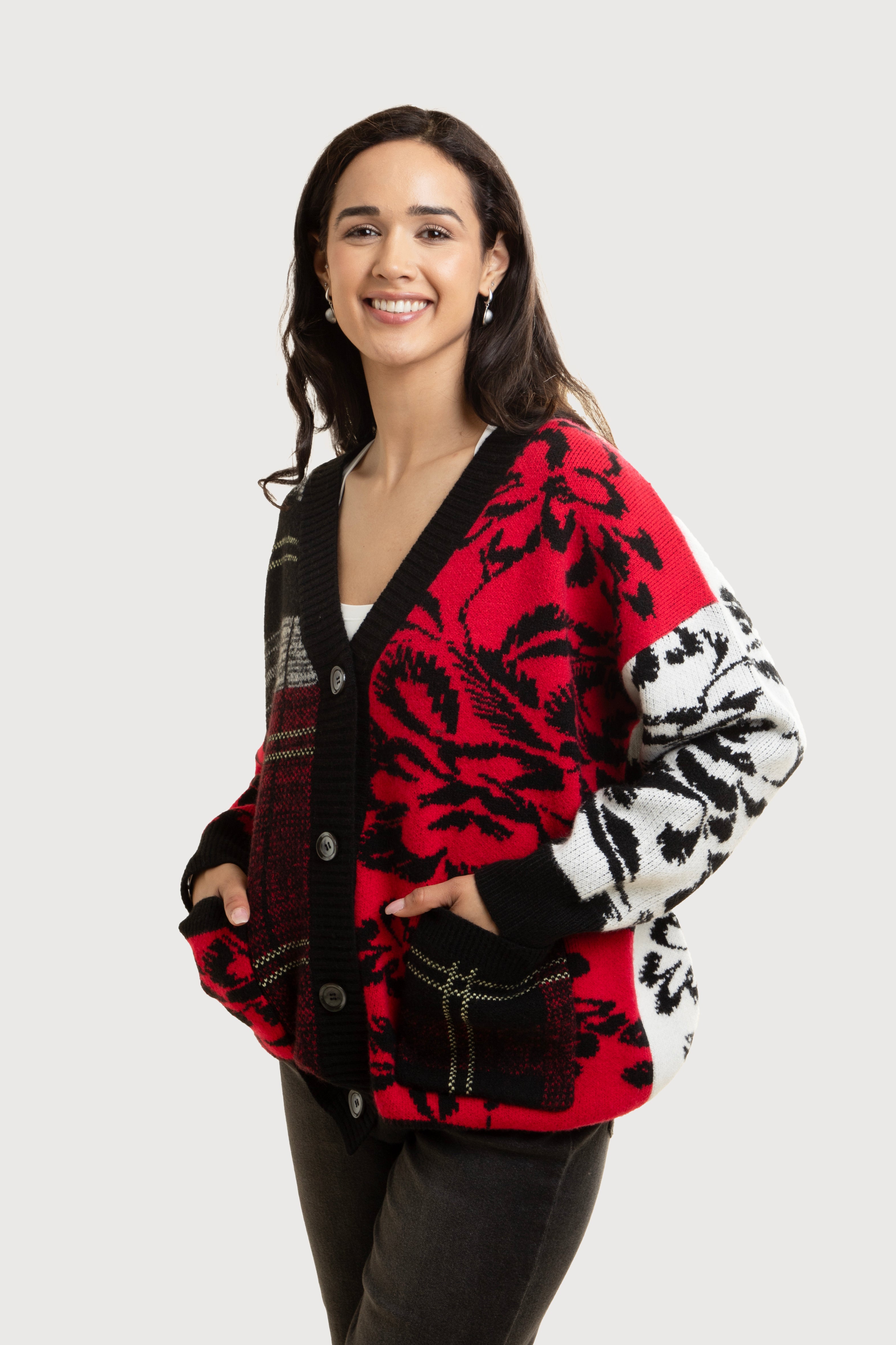 Floral Plaid Cardigan - Red