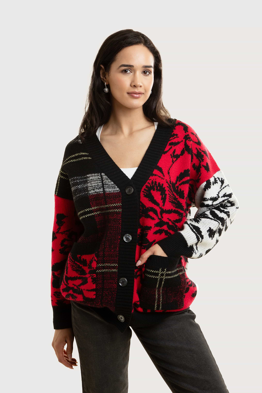 Floral Plaid Cardigan - Red