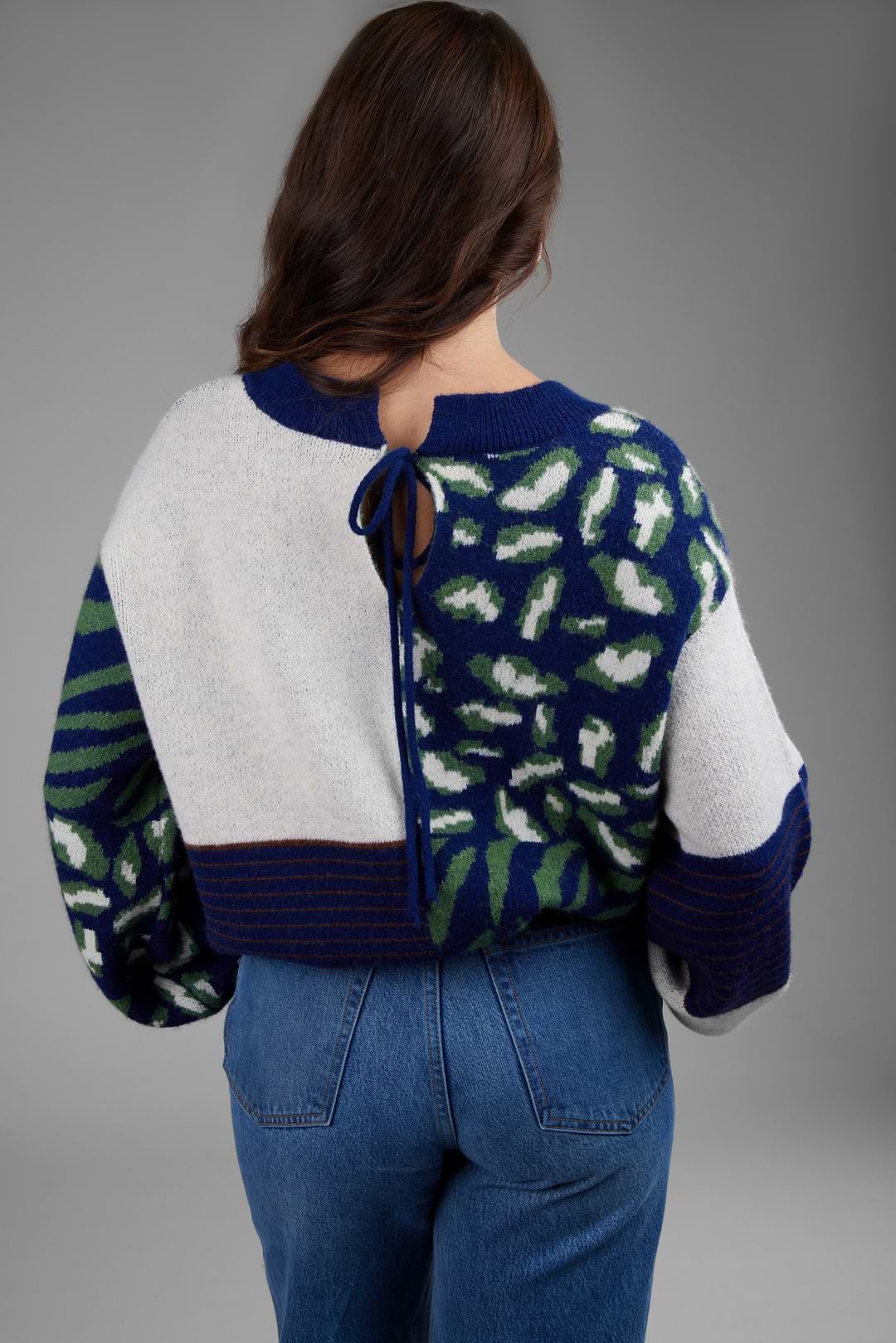 Multi Patterned Tie-Back Cardigan - Ivory Blue
