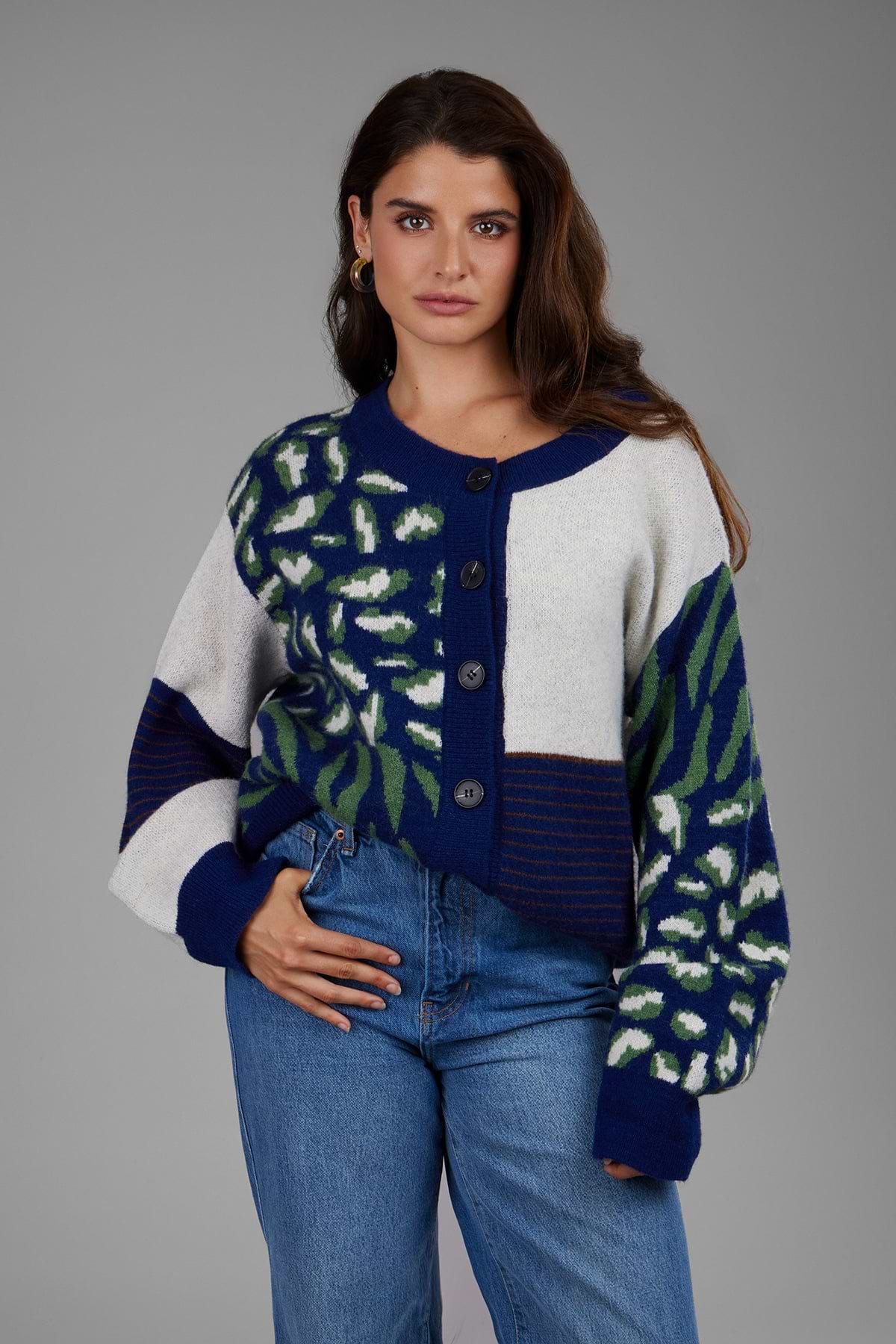 Multi Patterned Tie-Back Cardigan - Ivory Blue
