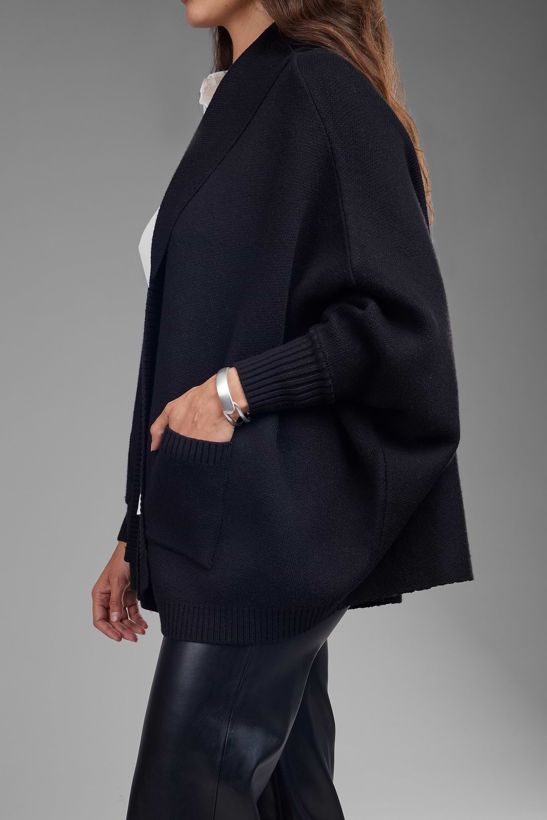 Open Front Oversized Cardigan Sweater - Black