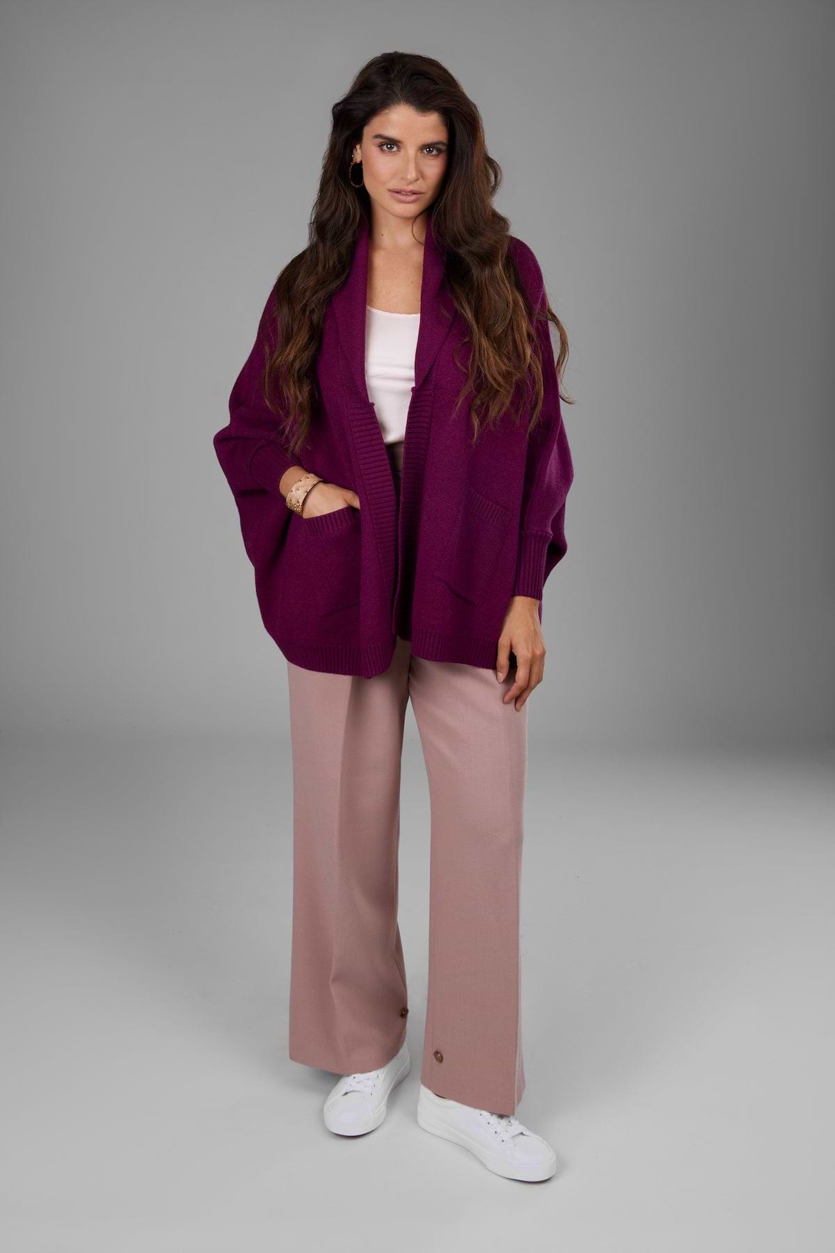 Open Front Oversized Cardigan Sweater - Purple