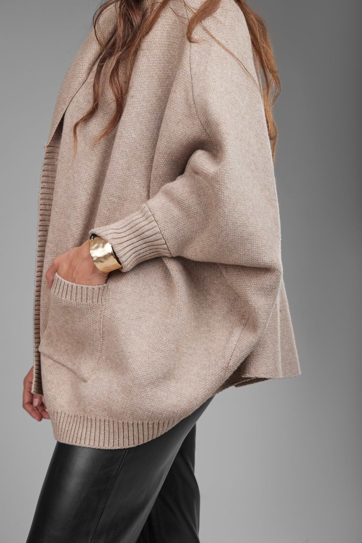 Open Front Oversized Cardigan Sweater - Beige