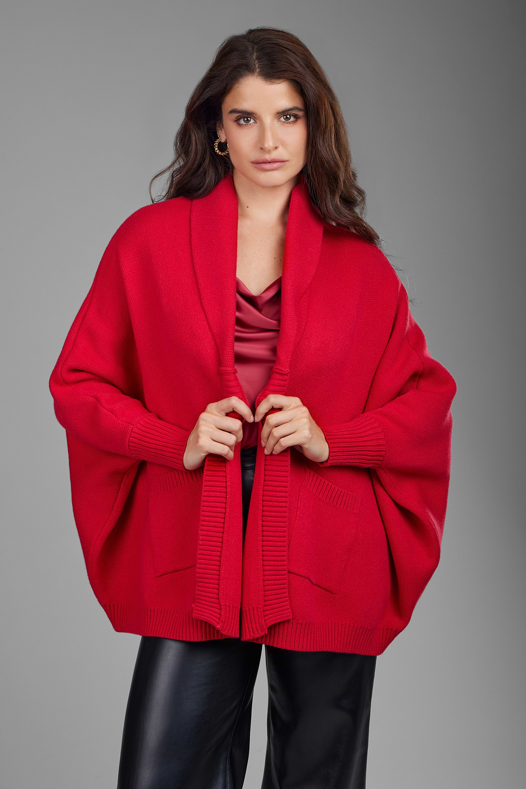 Open Front Oversized Cardigan Sweater - Red