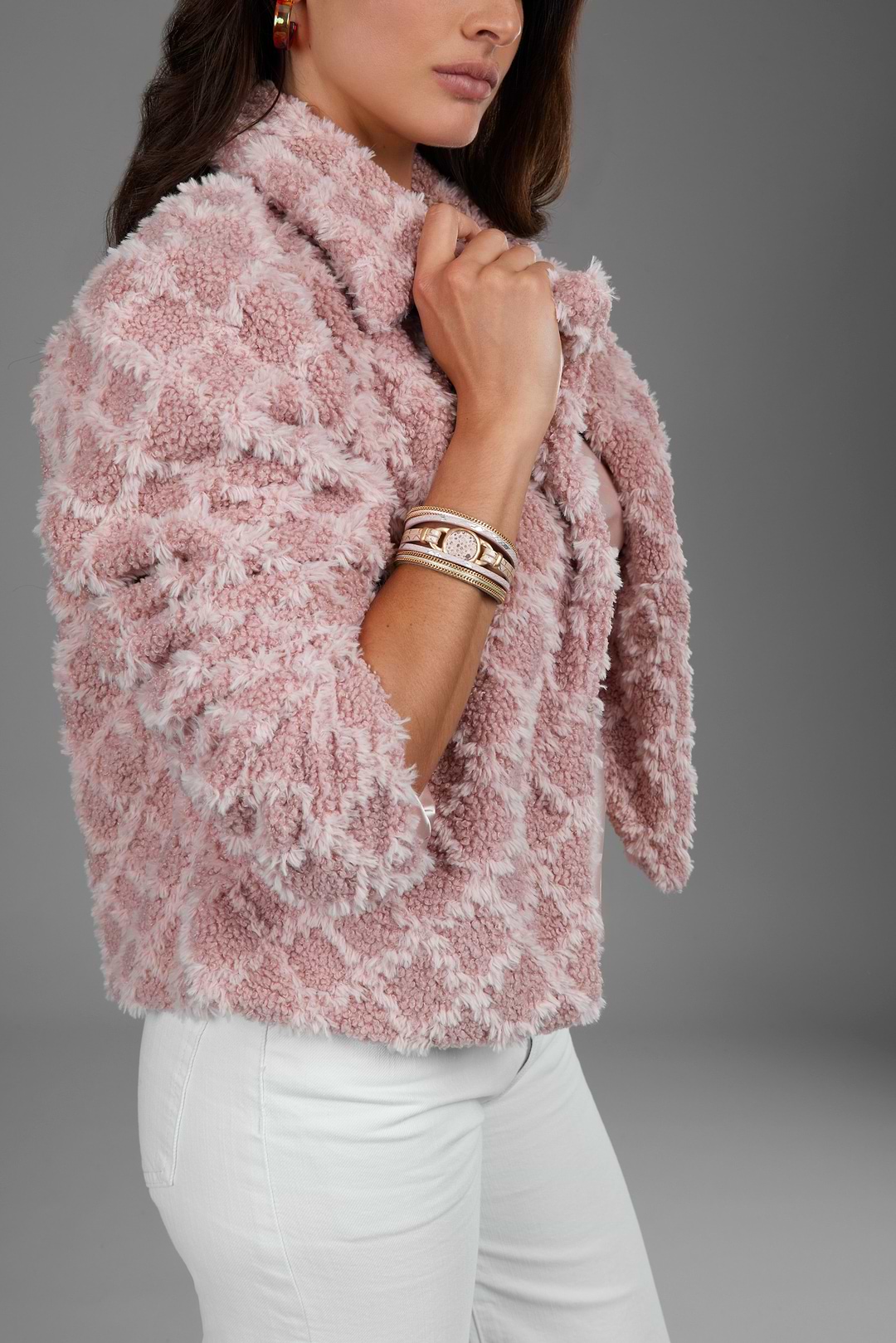 Diamond Patterned Collared Short Jacket - Blush