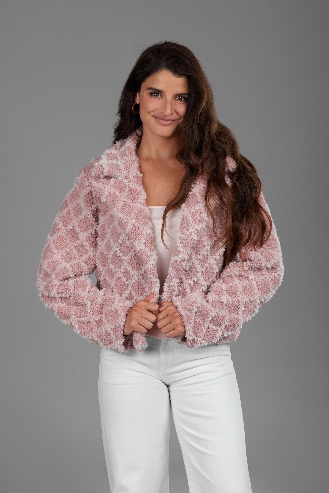 Diamond Patterned Collared Short Jacket - Blush