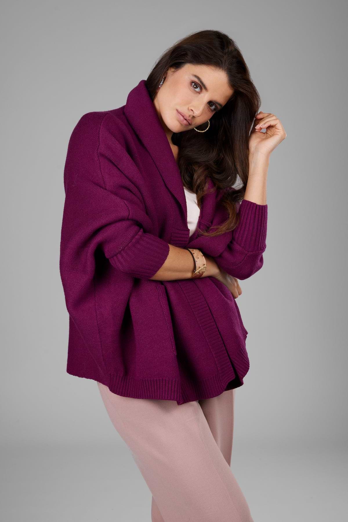 Open Front Oversized Cardigan Sweater - Purple