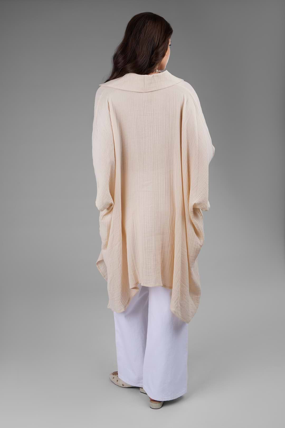 Oversized Textured Cotton Shirt - Beige