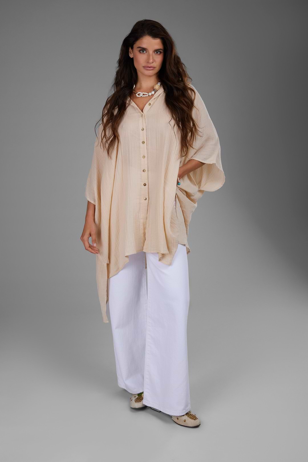 Oversized Textured Cotton Shirt - Beige