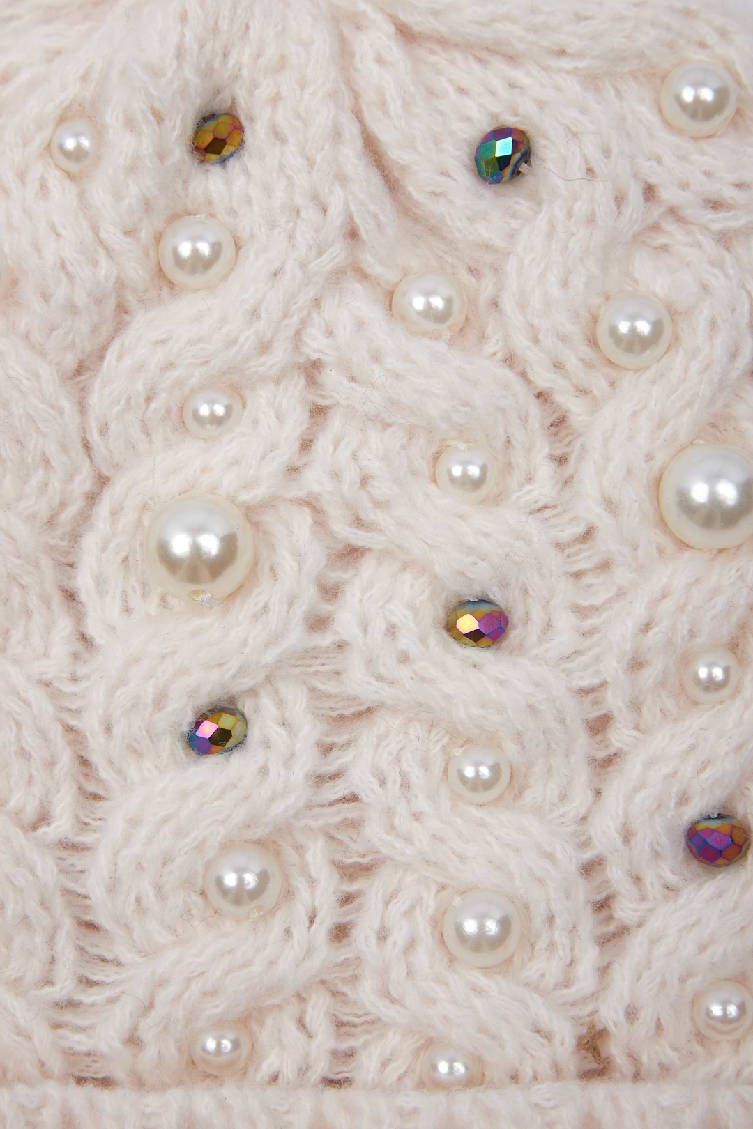Pearl Cable Knit Beanie - Beige
