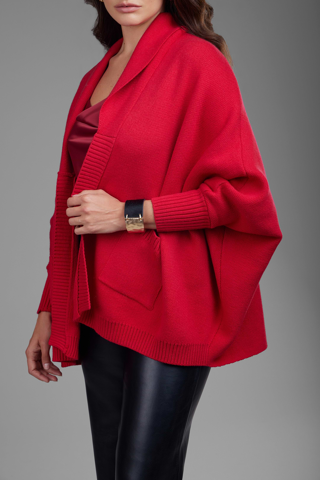 Open Front Oversized Cardigan Sweater - Red
