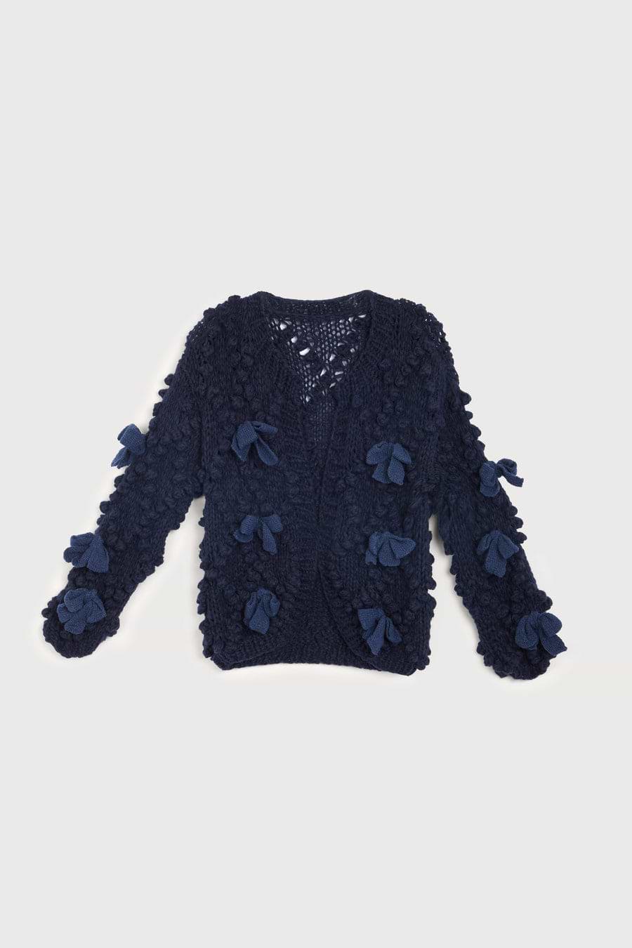 Textured  Bow Cardigan Sweater - Navy