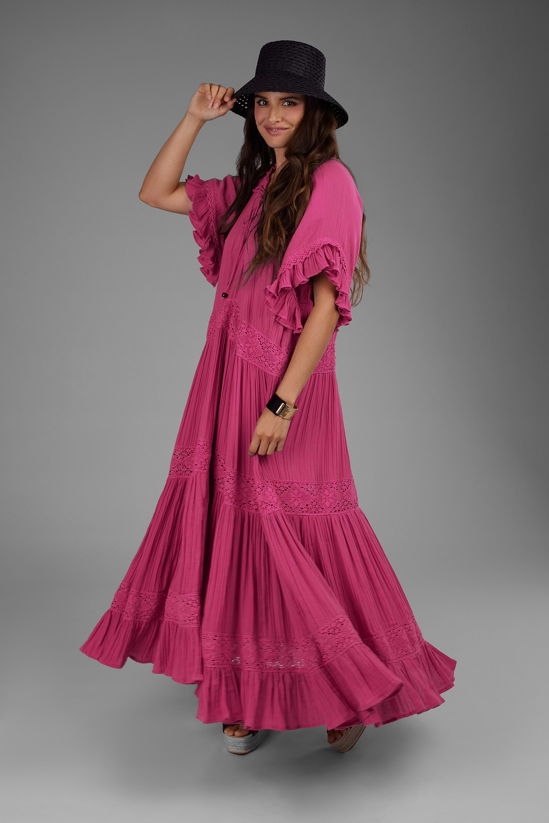 Cotton Long Kaftan Dress - Magenta