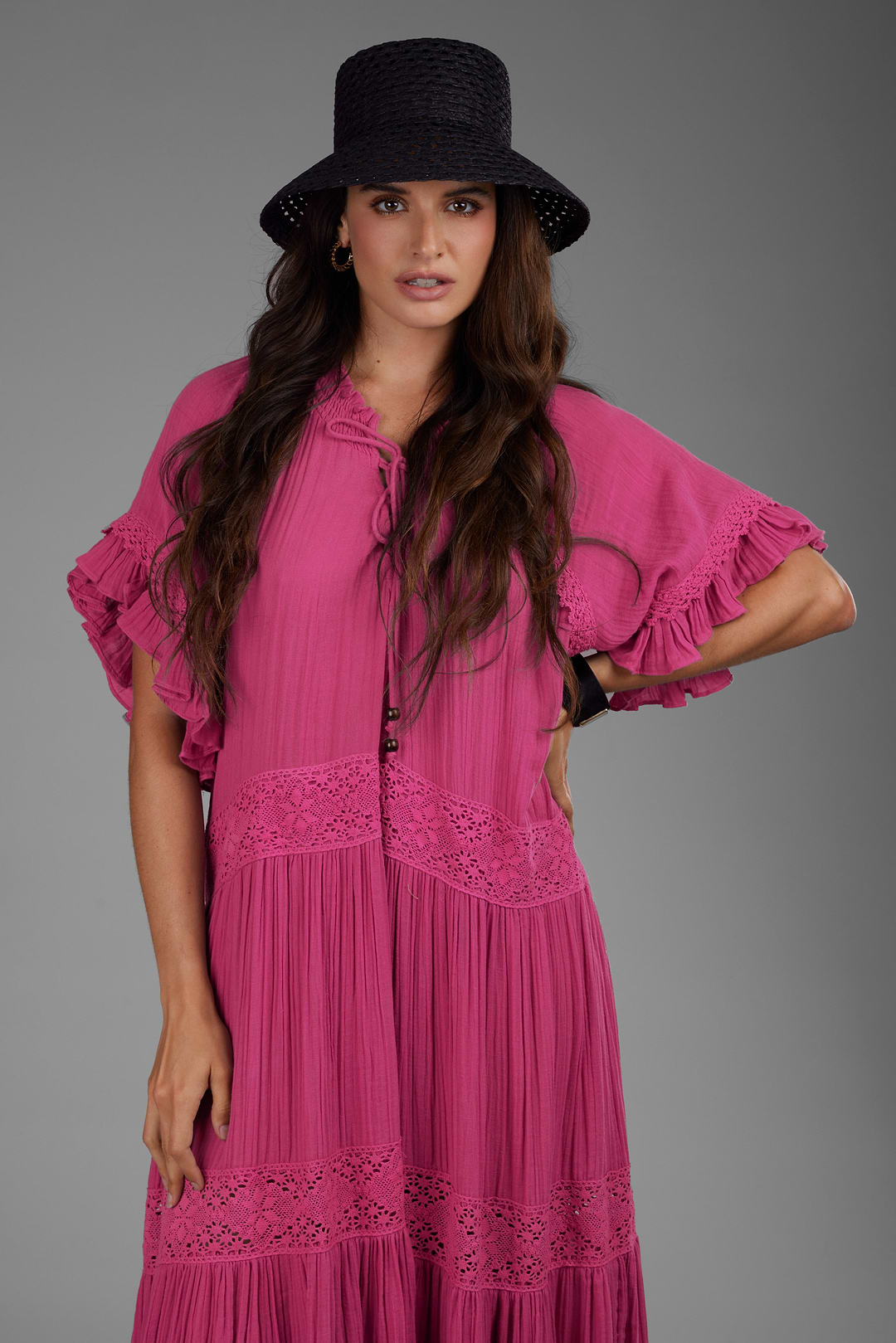 Cotton Long Kaftan Dress - Magenta