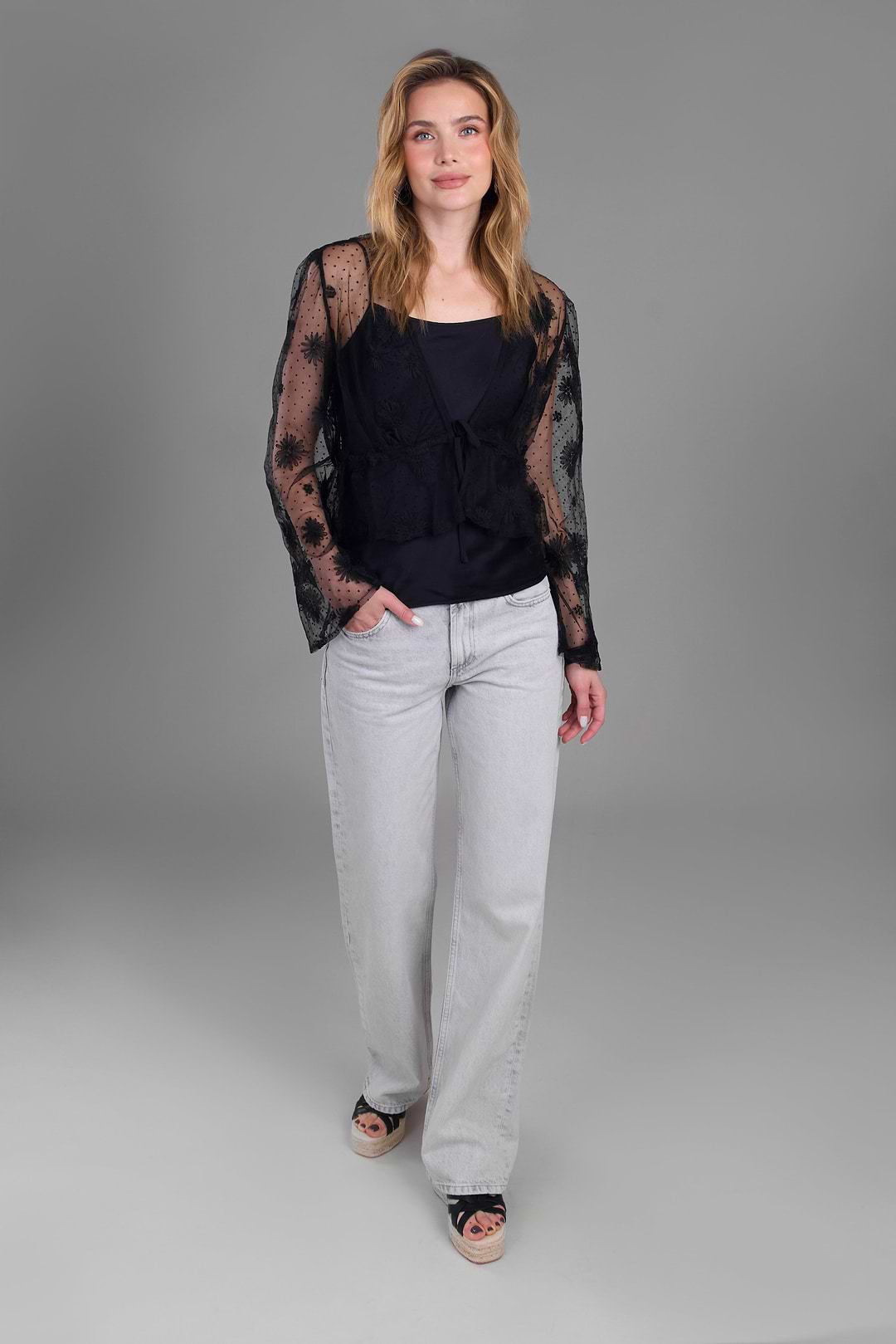 Floral Mesh Tie Top - Black