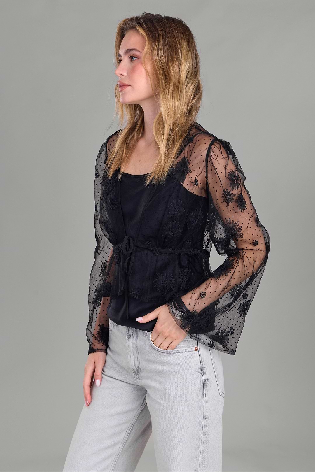 Floral Mesh Tie Top - Black