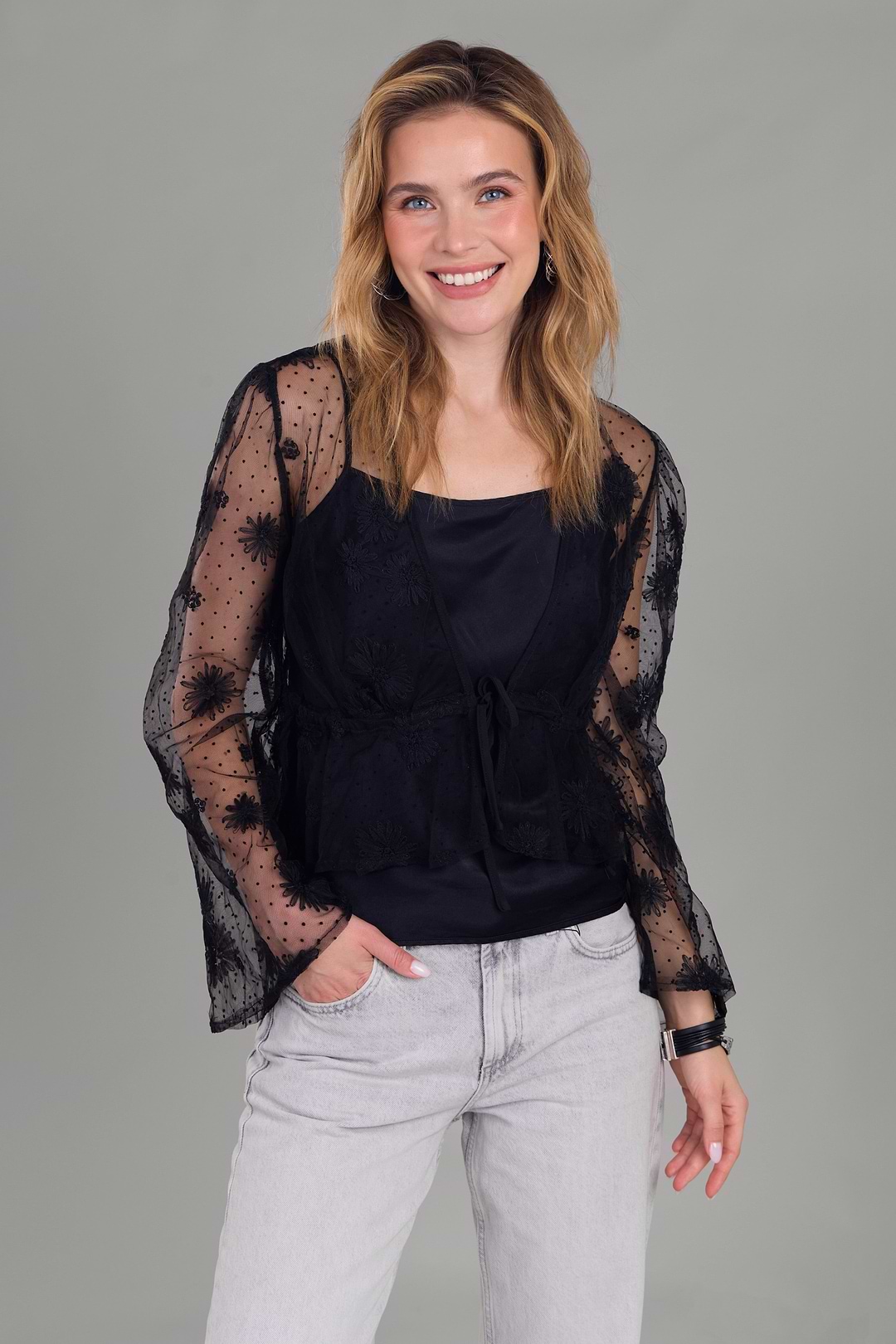 Floral Mesh Tie Top - Black