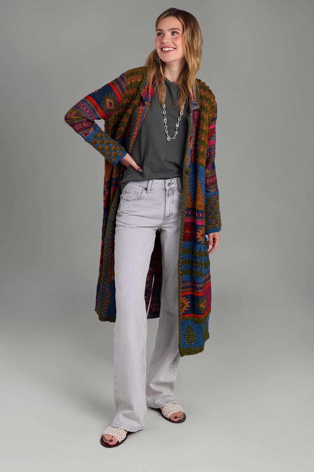 Crochet Woven Aztec Kimono - Dark Multi