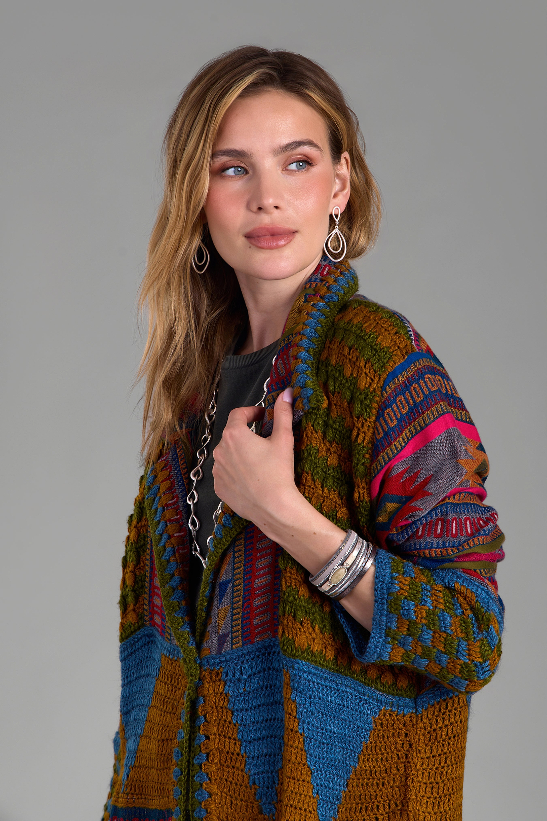 Crochet Woven Aztec Kimono - Dark Multi