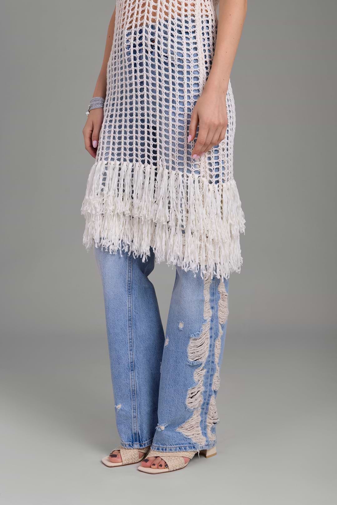 Open Knit Fringe Cover Up Beige