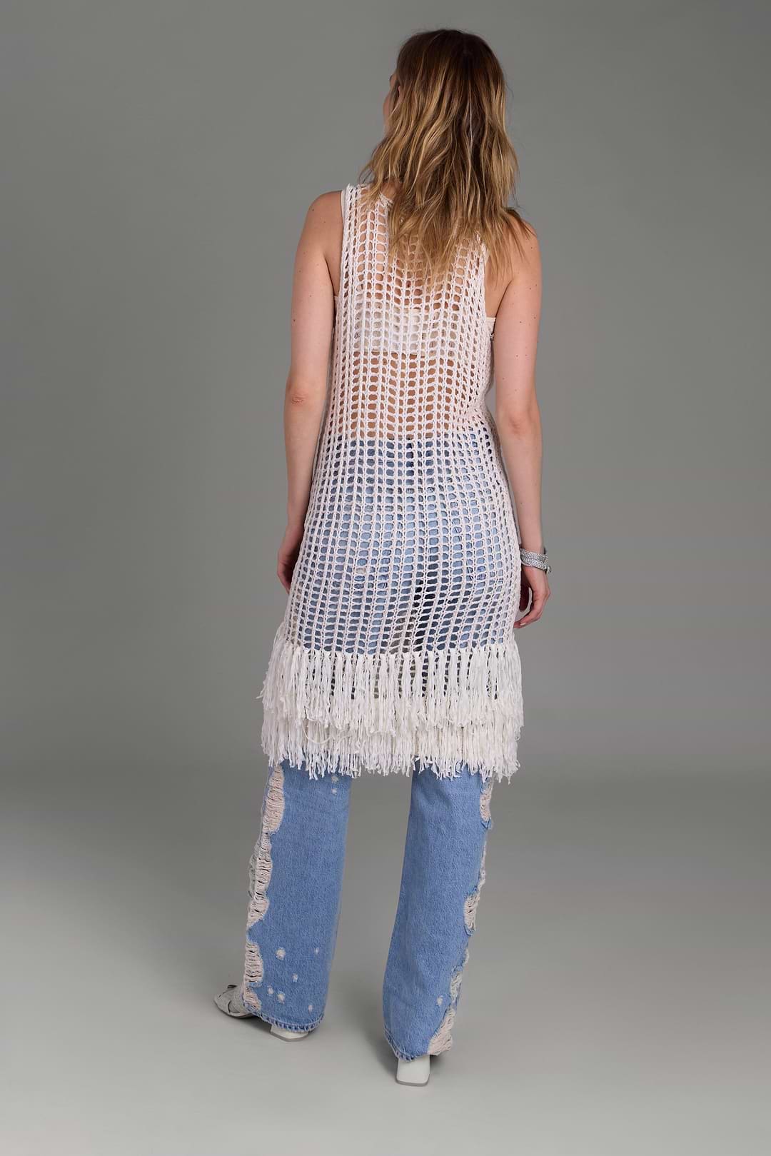 Open Knit Fringe Cover Up Beige