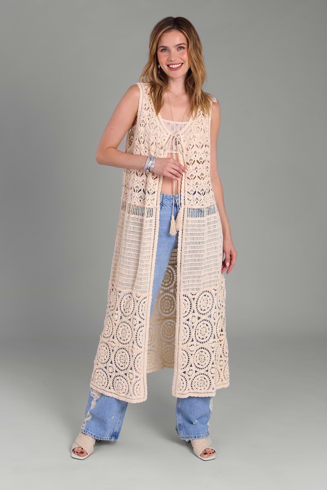 Crochet Tie Front Long Kimono - Ivory