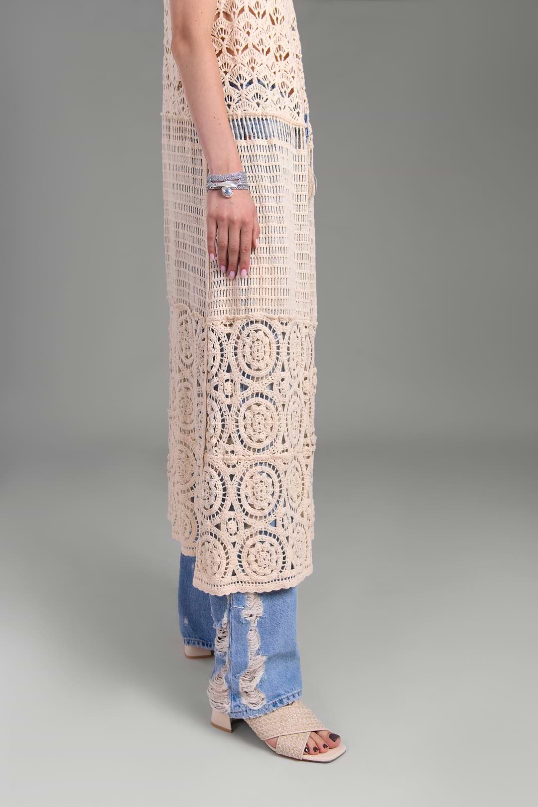Crochet Tie Front Long Kimono - Ivory