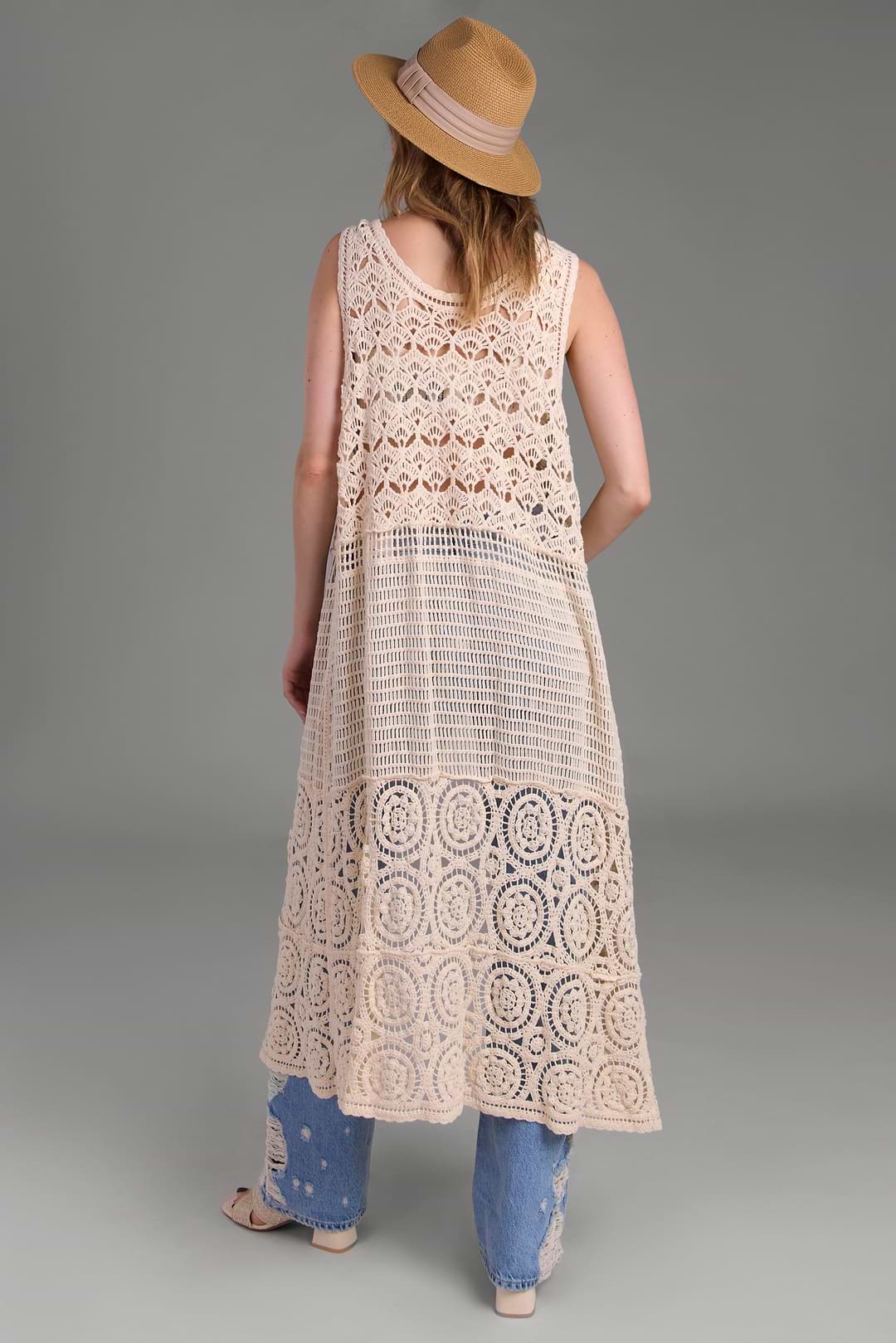 Crochet Tie Front Long Kimono - Ivory