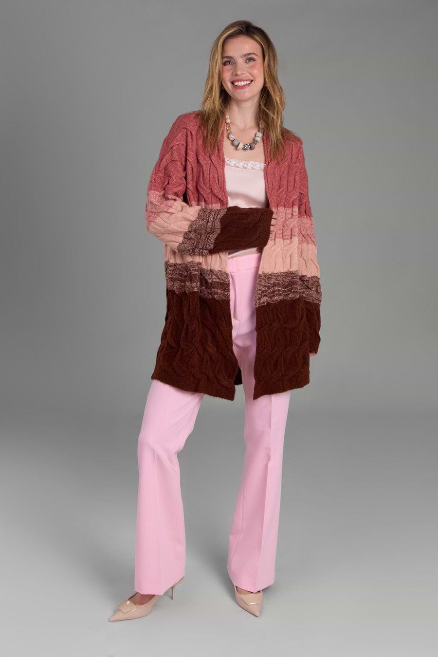 Cable Knit Color Block Cardigan - Dark Salmon