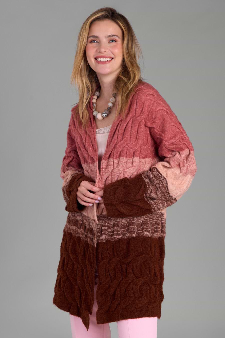 Cable Knit Color Block Cardigan - Dark Salmon